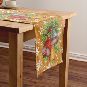 Weihnachtsglocken und Schneeflocken Gold Table Run Kurzer Tischläufer