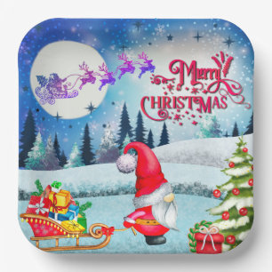 Weihnachtsgnom und Geschenke von Santas Schlitten Pappteller