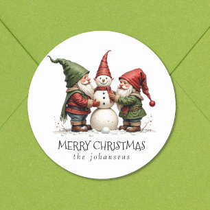 Weihnachtsgnome Schneemann Frohe Weihnachten Aufkl Runder Aufkleber