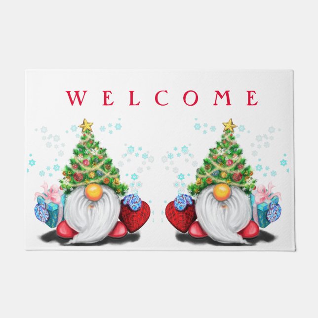 Weihnachtsgnomen mit Geschenk Türmat Willkommen Fußmatte (Vorderseite)