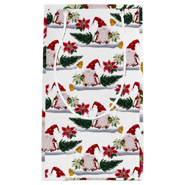 Weihnachtsgnomen, Poinsettia und Glocken Kleine Geschenktüte (Vorderseite)