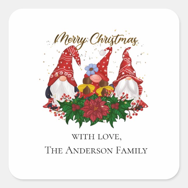 Weihnachtsgnomen Rot Grün Feierliche Trendy Quadratischer Aufkleber (Vorderseite)