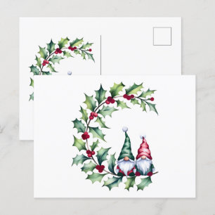 Weihnachtsgnomes auf Holly Berry Twig Postkarte