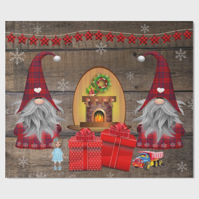 Weihnachtsgnomes präsentiert Rustikales Holz Wrapp Geschenkpapier (Flach)