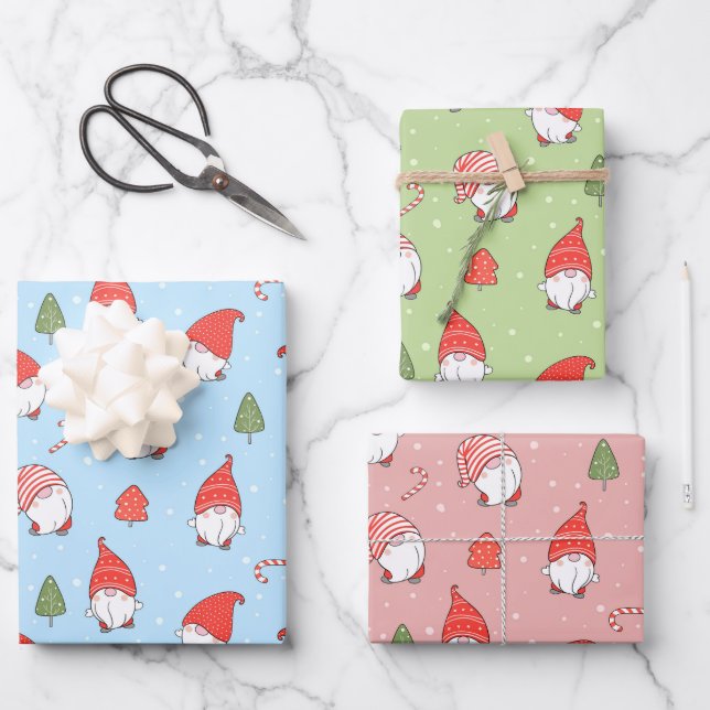 Weihnachtsgnomes Wrapping Paper Set von 3 Geschenkpapier Set (Vorderseite)