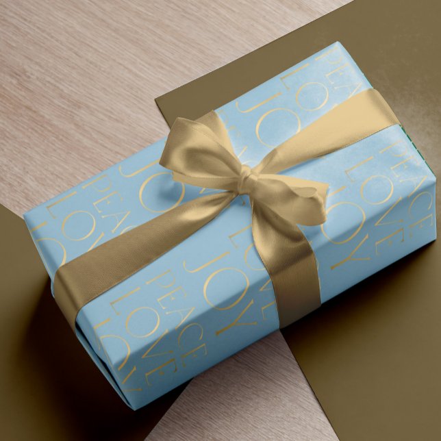 Weihnachtsgold-blaue Typografie Peace Liebe Joy Geschenkpapier (Von Creator hochgeladen)