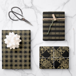 Weihnachtsgold und schwarze antike Spitzen-Muster Geschenkpapier Set