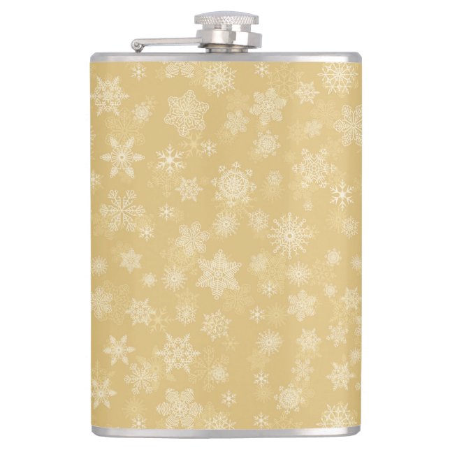 Weihnachtsgold, weiße Schneeflocken Flachmann (Vorderseite)