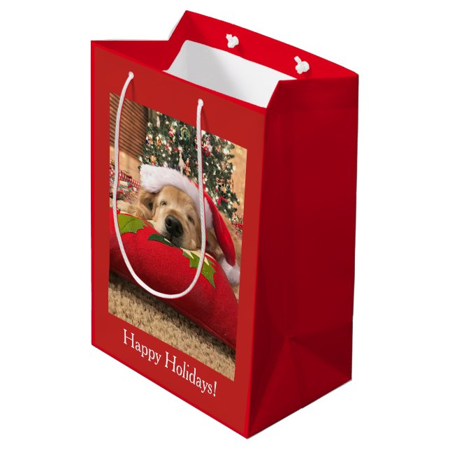 Weihnachtsgolden retriever-Hund schlafend unter Mittlere Geschenktüte (Rückseite Schrägansicht)