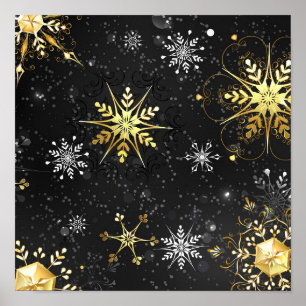 Weihnachtsgoldschneeflocken auf schwarzem Hintergr Poster