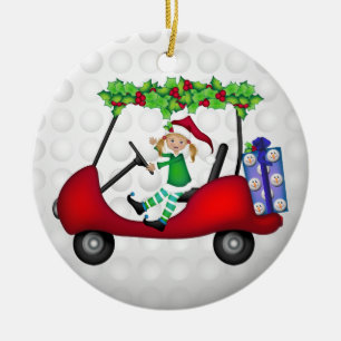 WeihnachtsGolfmobil mit Elf 1 Keramik Ornament
