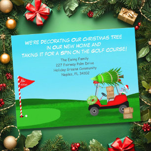 Weihnachtsgolfwagen mit Umzugskartons auf dem Golf Ankündigungspostkarte