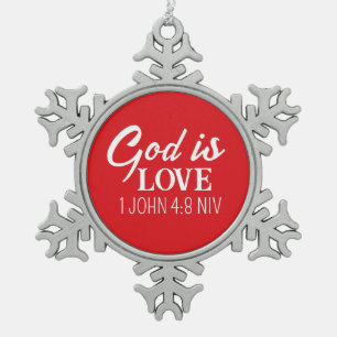 Weihnachtsgott ist Liebe Bible Verse Rotes Ornamen Schneeflocken Zinn-Ornament