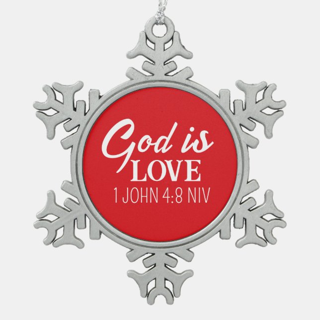 Weihnachtsgott ist Liebe Bible Verse Rotes Ornamen Schneeflocken Zinn-Ornament (Vorderseite)