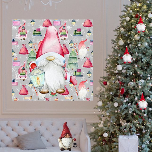 Weihnachtsgottesdienst und Silberpattern Hintergru Poster (Christmas Santa Gnome & Silver Pattern Background Poster)