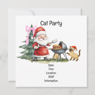 Weihnachtsgrill-Party mit Weihnachtsmann und Katze Einladung