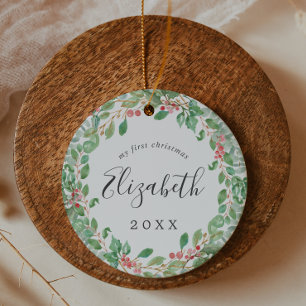 Weihnachtsgrün Baby's Erstes Weihnachtsfest Foto Keramik Ornament