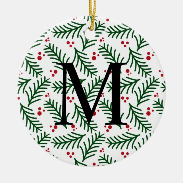 Weihnachtsgrün Beeren INITIAL Moderne Feiertage Keramik Ornament (Vorne)