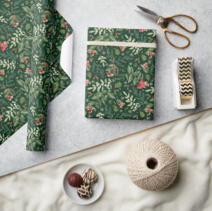 Weihnachtsgrün Beeren Mistel und Stechpalme Geschenkpapier