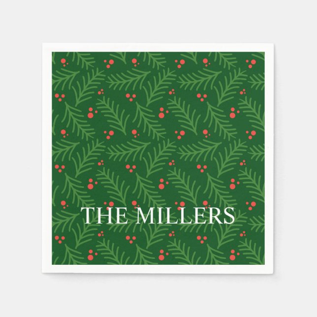 Weihnachtsgrün Beeren NAME Festive Feiertag Serviette (Vorderseite)