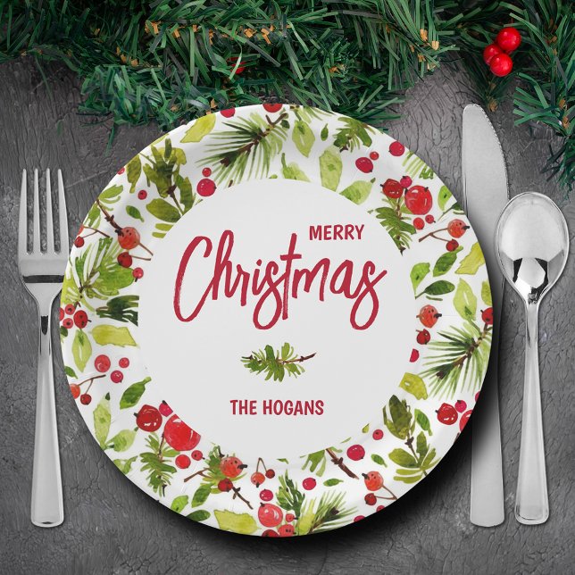 Weihnachtsgrün Berries Urlaub Pappteller (Personalized Merry Christmas paper plates with greenery and berries)