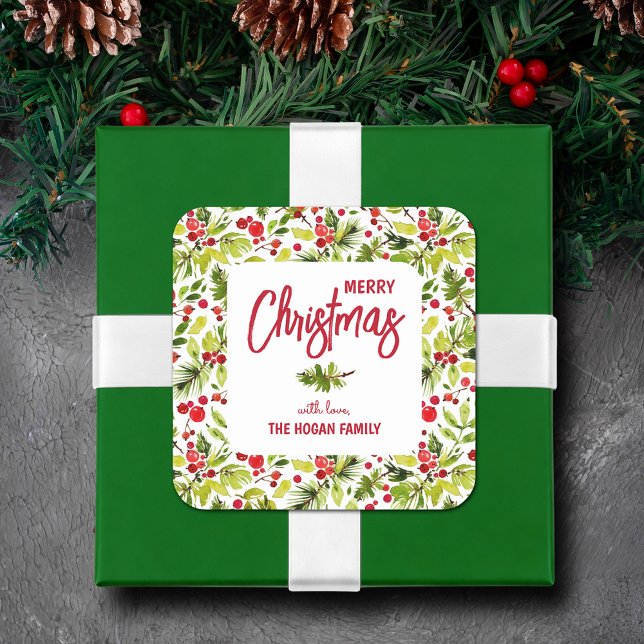 Weihnachtsgrün Berries Urlaub Quadratischer Aufkleber (Merry Christmas with Love square stickers with greenery and red berries)