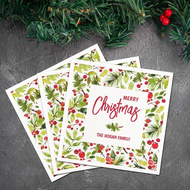 Weihnachtsgrün Berries Urlaub Serviette (Personalized Merry Christmas napkins with greenery and berries)