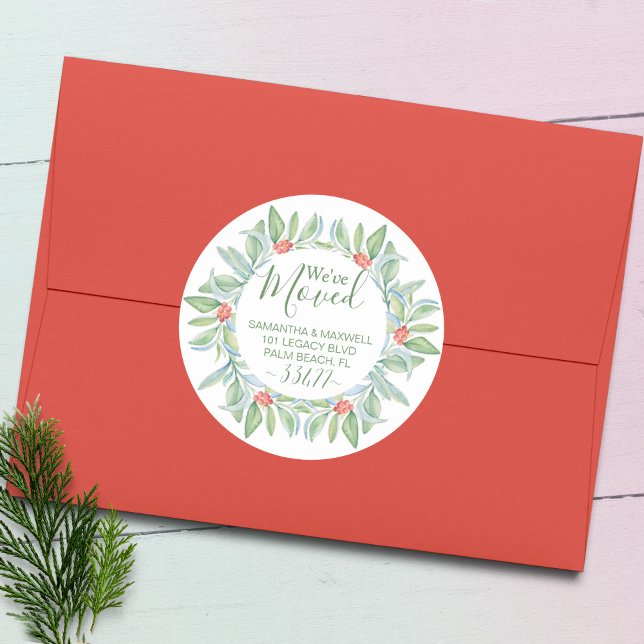 Weihnachtsgrün-Bewegung Ankündigung Runder Aufkleber (Christmas return address labels watercolor green & red botanical art Victoria Grigaliunas VG Invites)