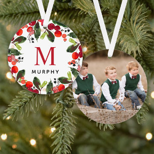 Weihnachtsgrün Custom Family Monogram Foto Ornament