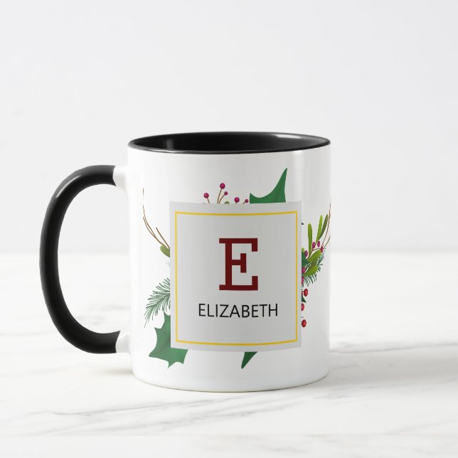 Weihnachtsgrün Elegant Rotes Monogramm Schwarz Tasse (Links)
