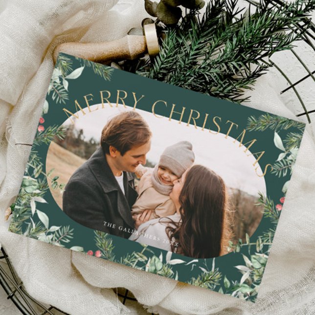 Weihnachtsgrün Foliage Gold Glitzer Foto Feiertagspostkarte (Elegant Christmas Greenery Foliage Photo Holiday Postcard.)