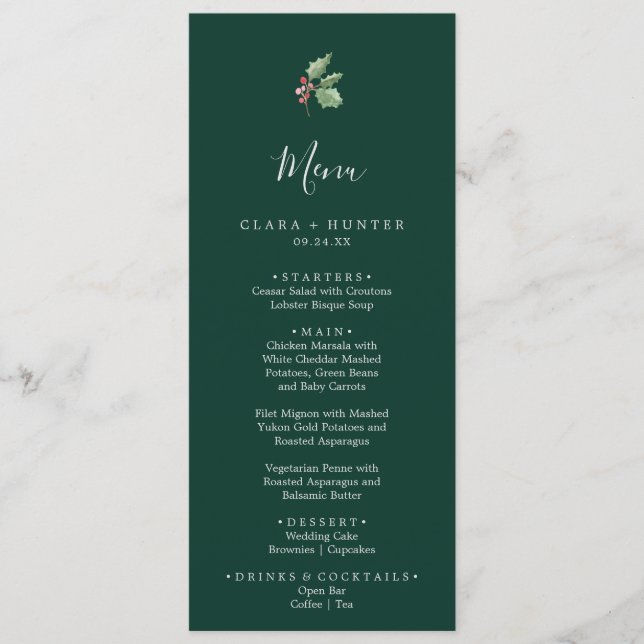 Weihnachtsgrün | Green Wedding Dinner Menu Menükarte (Vorderseite)