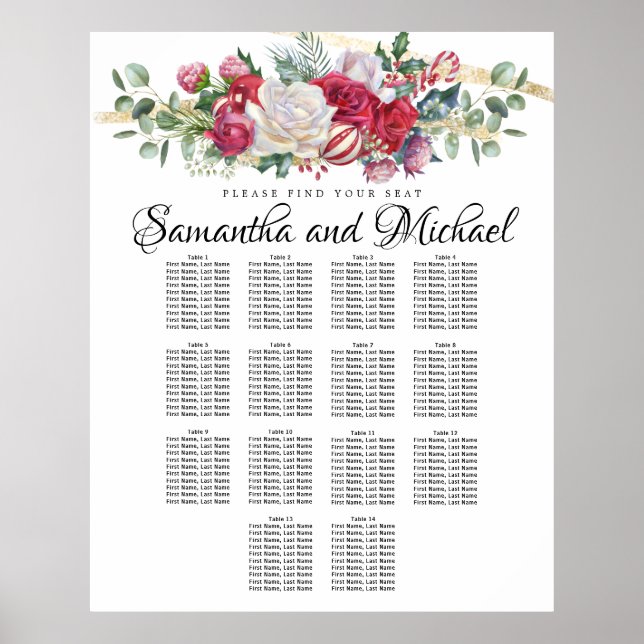 Weihnachtsgrün Hochzeit 14-Tische Seating Chart Poster (Vorne)
