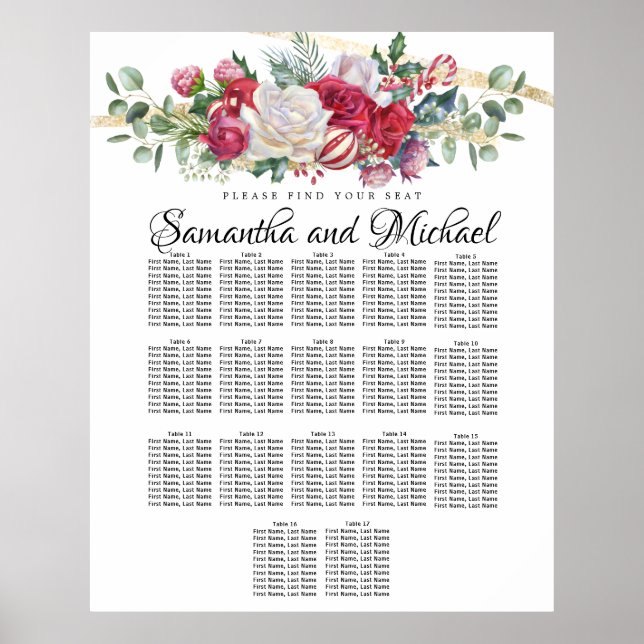 Weihnachtsgrün Hochzeit 17-Tische Seating Chart Poster (Vorne)