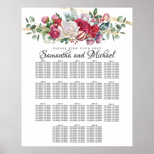Weihnachtsgrün Hochzeit 18-Tische Seating Chart Poster (Vorne)