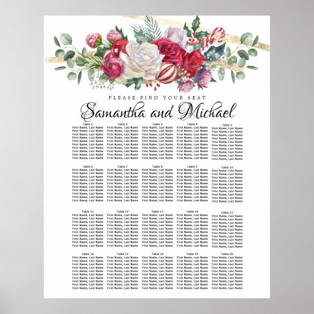 Weihnachtsgrün Hochzeit 20-Tische Seating Chart Poster (Vorne)