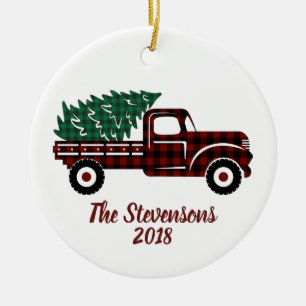 Weihnachtsgrün kariert Baum roter LKW Feiertagsfot Keramik Ornament