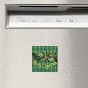 Weihnachtsgrün Kariert mit Kranz Magnet