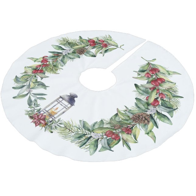 Weihnachtsgrün mit Lattern auf Weiß Polyester Weihnachtsbaumdecke (Schrägansicht)