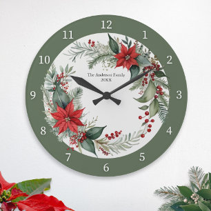 Weihnachtsgrün mit roten Poinsettien nach Maß Große Wanduhr