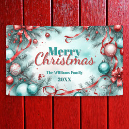 Weihnachtsgrün Ornamente Rote Ribbons Banner