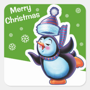 Weihnachtsgrün Quadrat Aufkleber Pinguin Skaten.