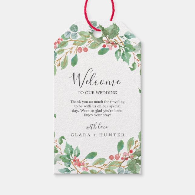 Weihnachtsgrün & Red Berry Wedding Willkommen Geschenkanhänger (Vorderseite)