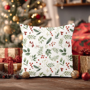 Weihnachtsgrün & Rote Beeren Aquarell Kissen