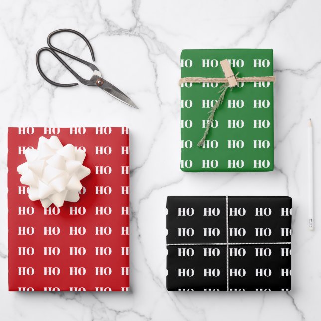 Weihnachtsgrün Schwarz-weiß Ho Ho Ho Ho Muster Geschenkpapier Set (Vorderseite)