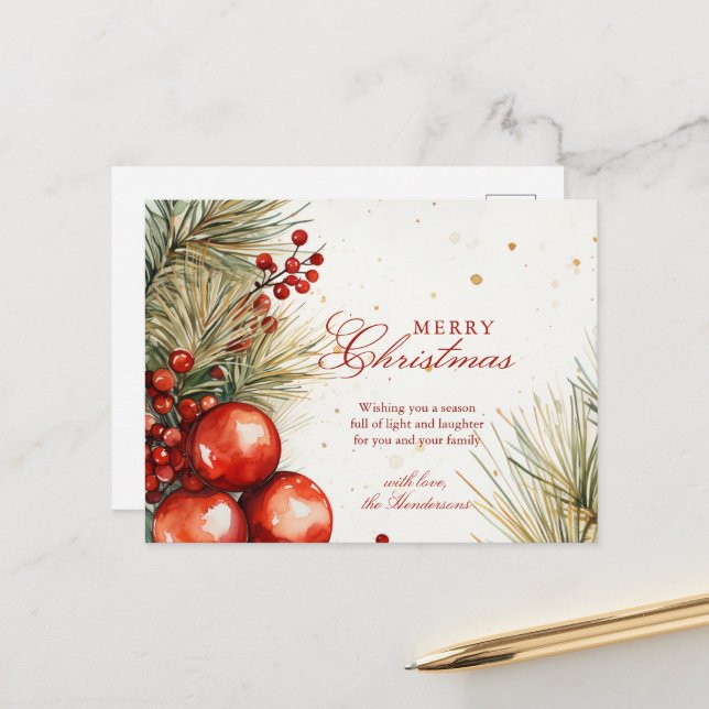 Weihnachtsgrün und Ornamente Feiertagspostkarte (Vorderseite/Rückseite Beispiel)