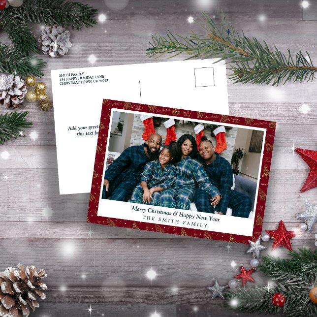 Weihnachtsgrün und Rot mit Foto Feiertagspostkarte (Elegant Crimson Red Christmas Greetings with Photo Holiday Postcard)