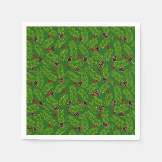 Weihnachtsgrüne Tannenzweige, Zapfen und rote Beer Serviette (Vorderseite)