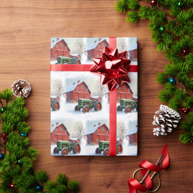 Weihnachtsgrüner Bauernhof-Traktor und rote Scheun Geschenkpapier (Feiertagsgeschenk)