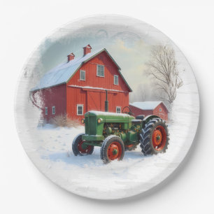 Weihnachtsgrüner Landwirtstraktor und rote Scheune Pappteller